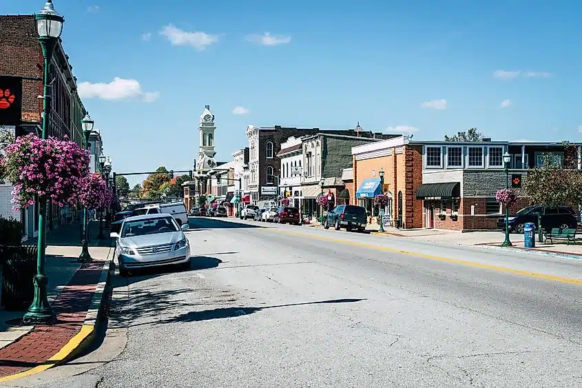Main Street in Georgetown, Kentucky, on a sunny fall afternoon.
