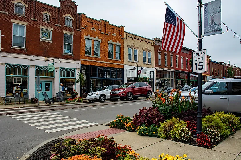 A row of Victorian-era buildings facing Main Street in La Grange, Kentucky.