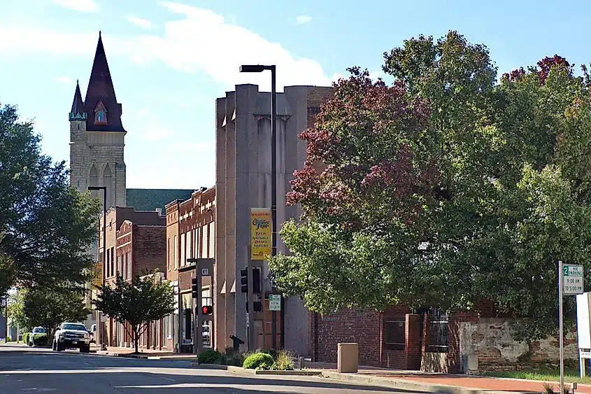 Historic brick storefronts in the downtown district of Paducah, Kentucky.
