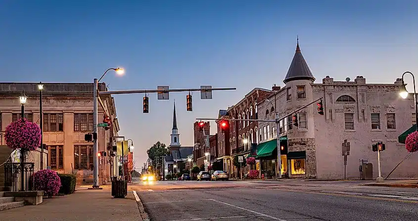 Early morning light on the storefronts of Main Street in Versailles, Kentucky.